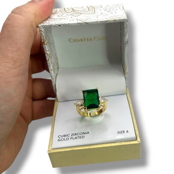 NEW Charter Club Green Crystal Ring Gold Plate Size 6 Cubic Zirconia - Picture 1 of 8